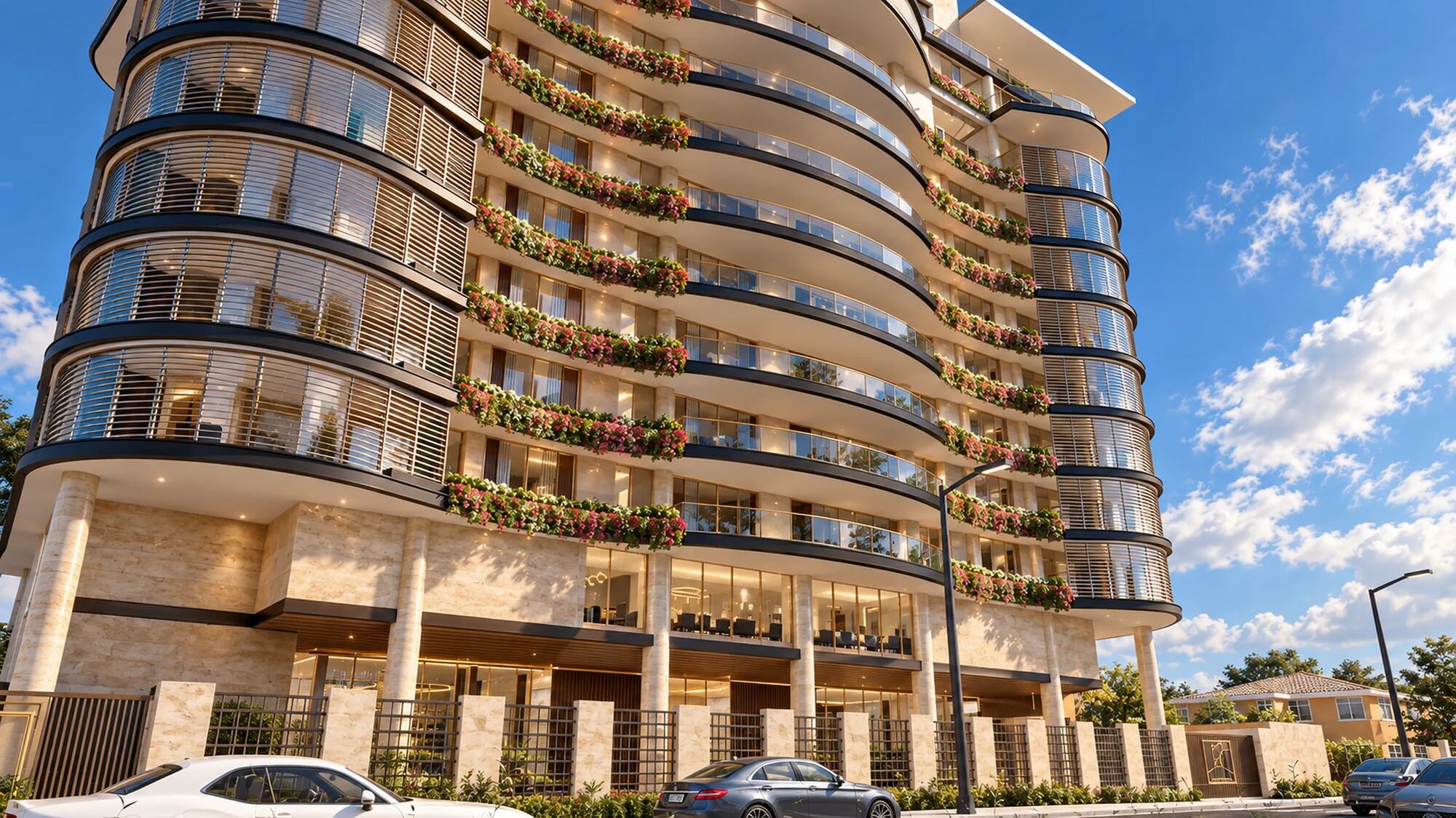Explorer Towers in Kololo, its curved planted balconies wrapping the tower
