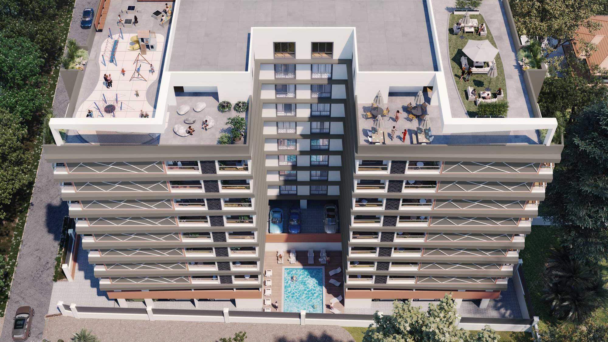 Marjan Residency aerial view with rooftop pool in Mbuya